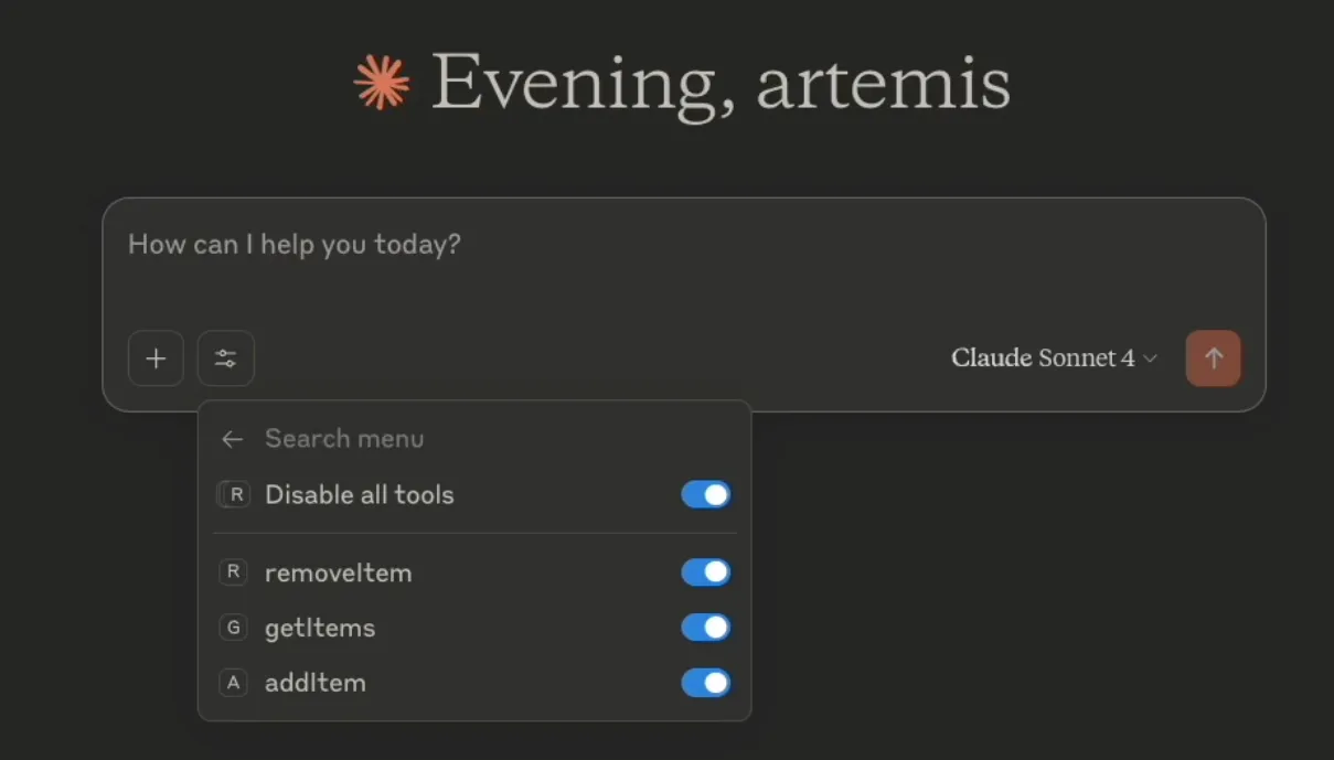Screenshot of Claude Desktop tool menu showing the shopping list server and its methods