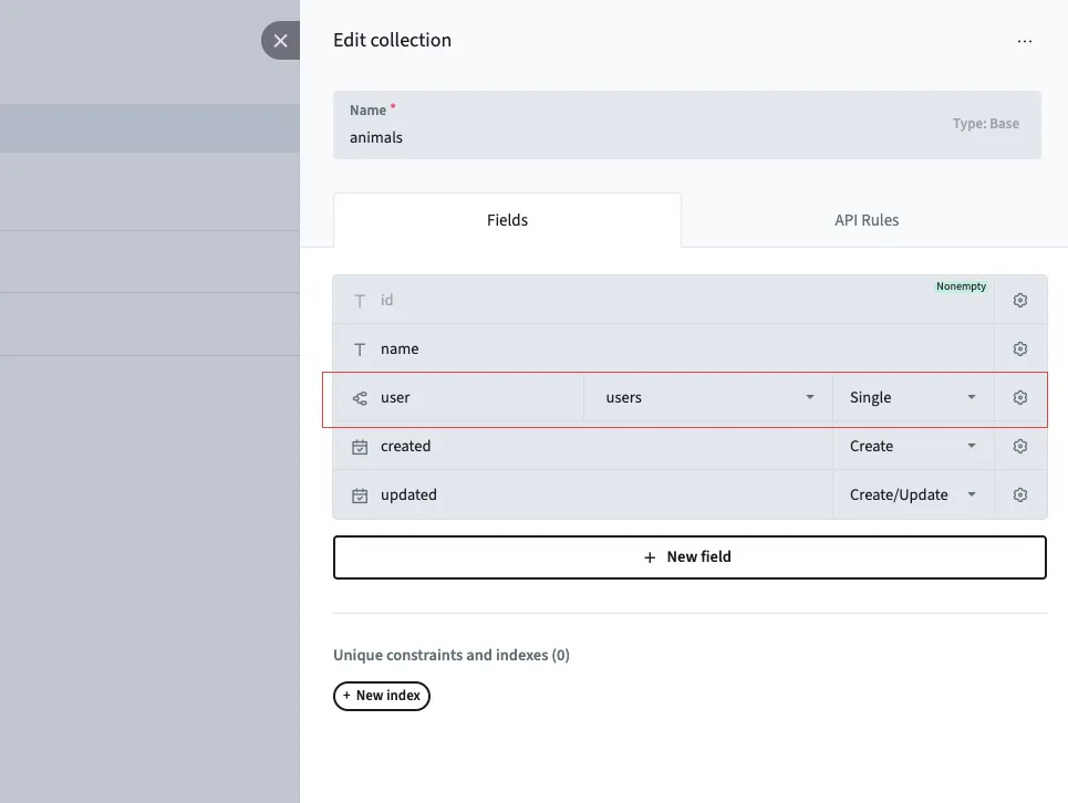 user field in animals collection