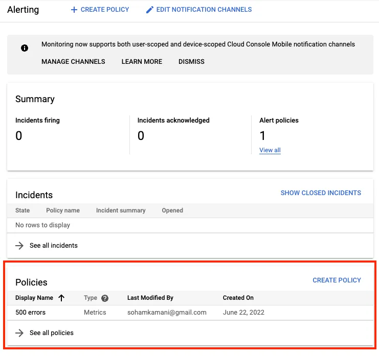 alert dashboard with active policy