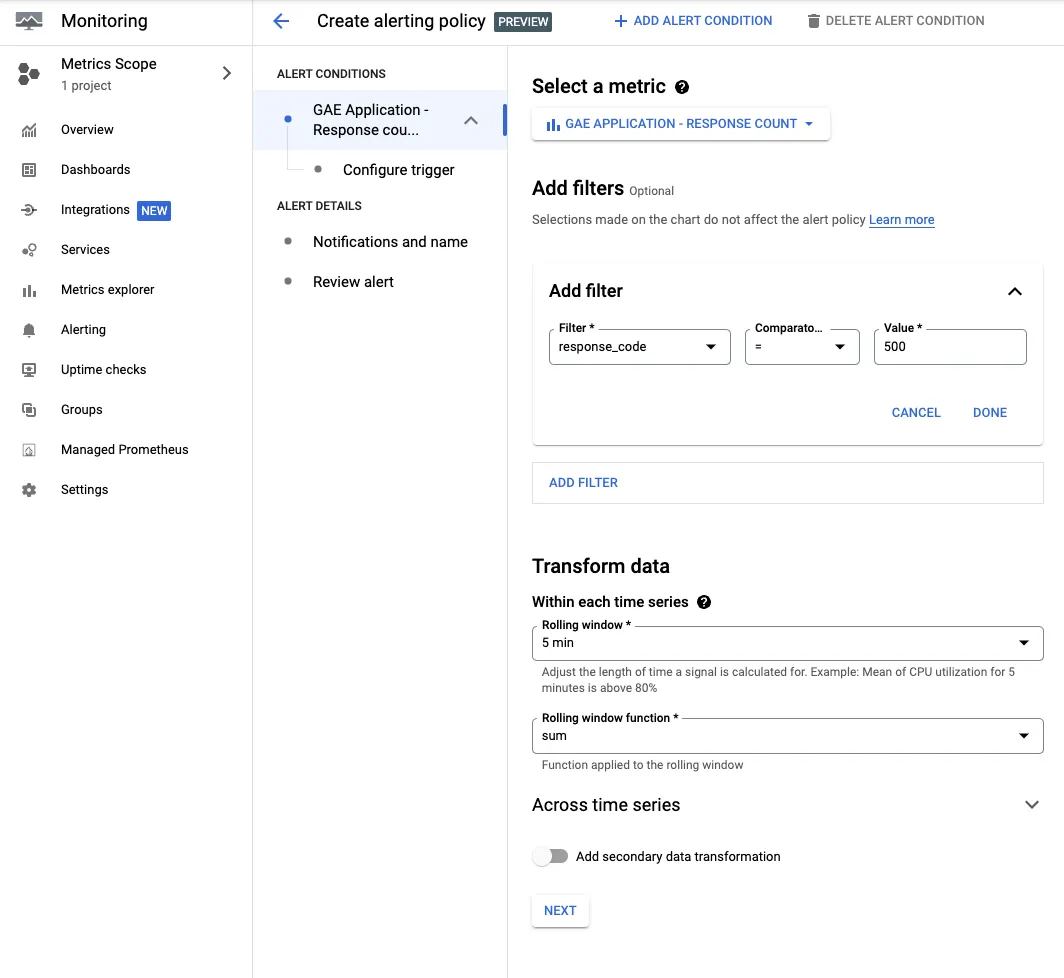 from with options for alert filter and time window