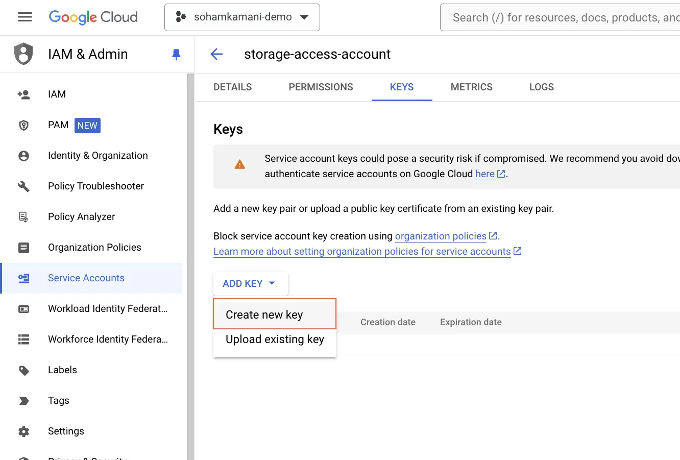 Create a Service Account Key