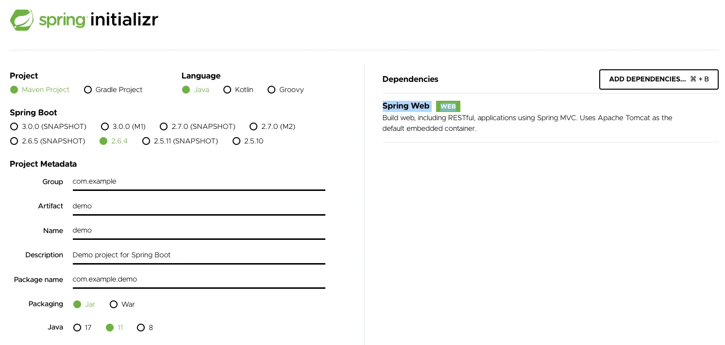 Screenshot of Spring Initializr config
