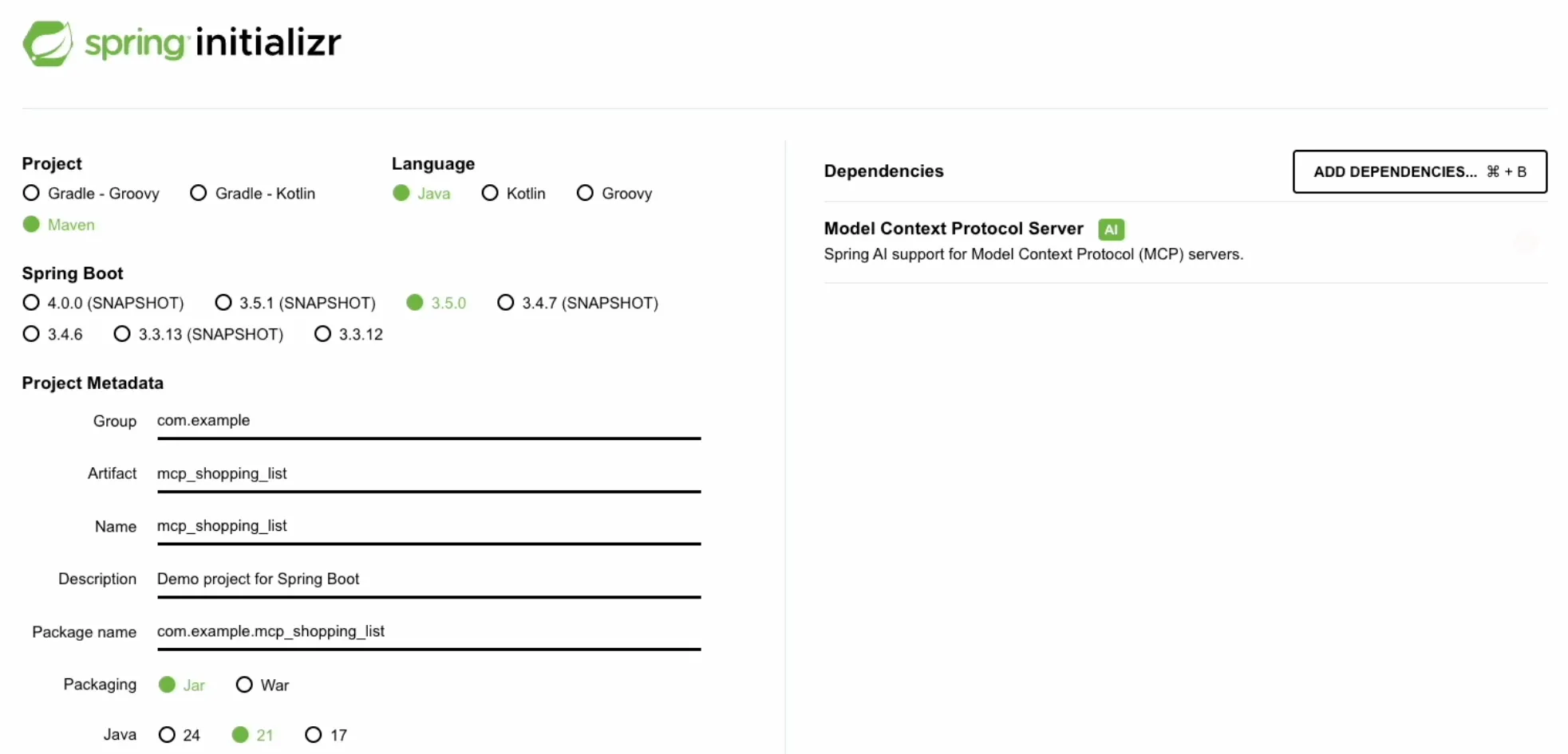Screenshot of Spring Initializr with MCP Server dependency selected