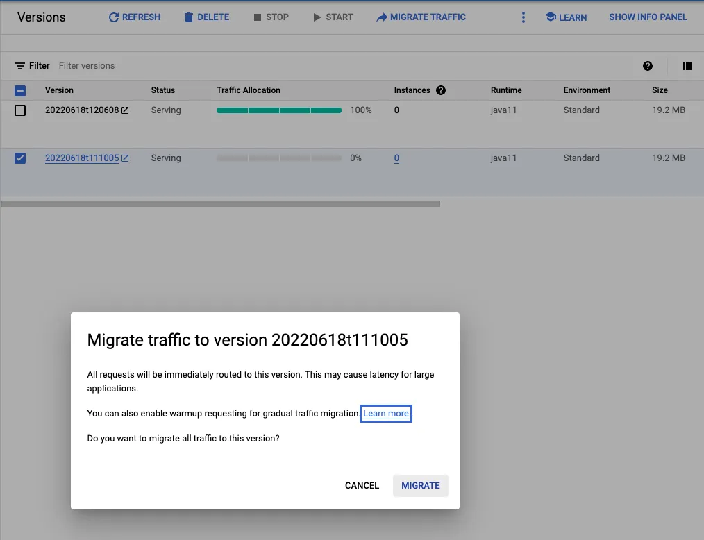appengien versions with prompt to migrate traffic to another version